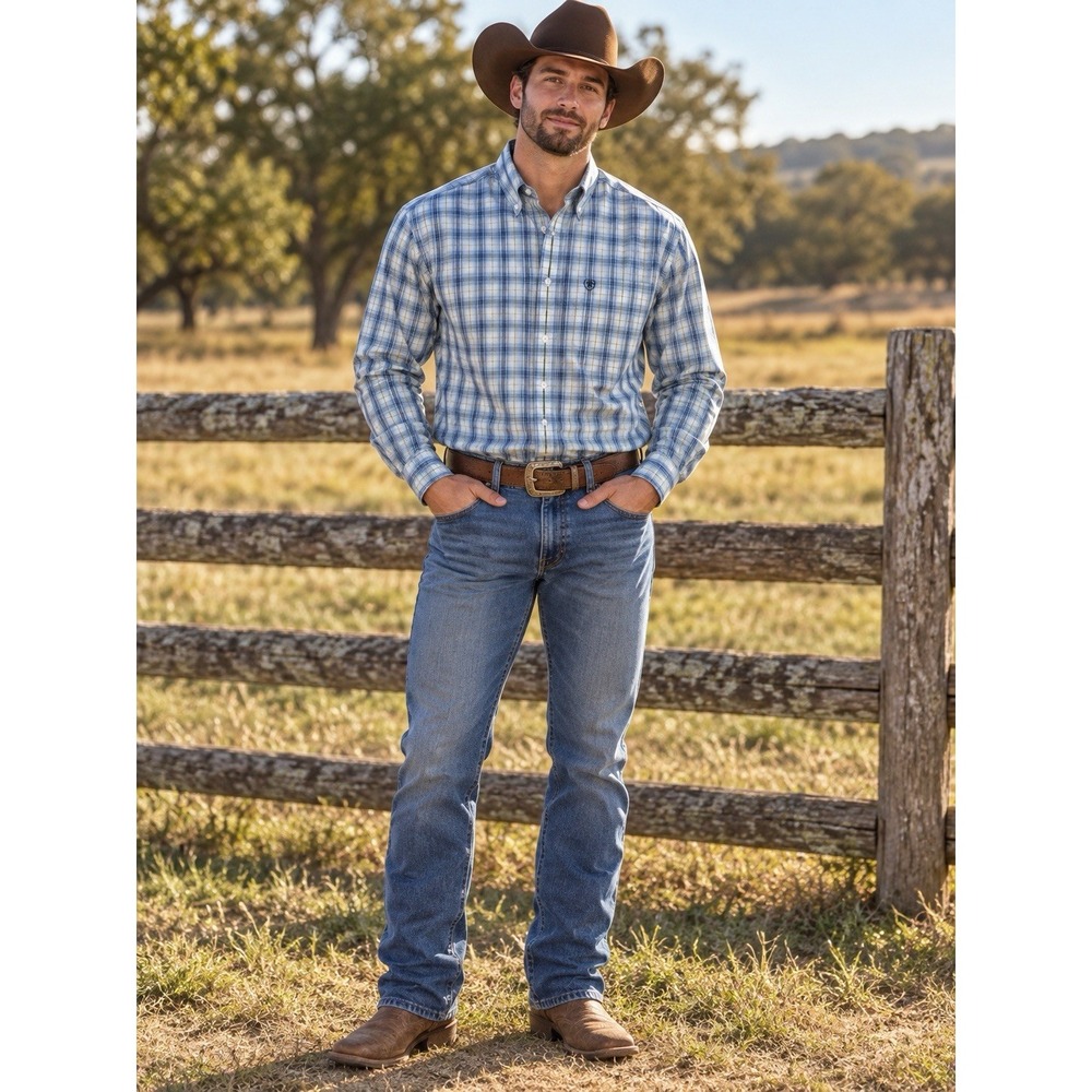Ariat Mens Blue Plaid Button Down Long Sleeve Shirt XXL Pockets